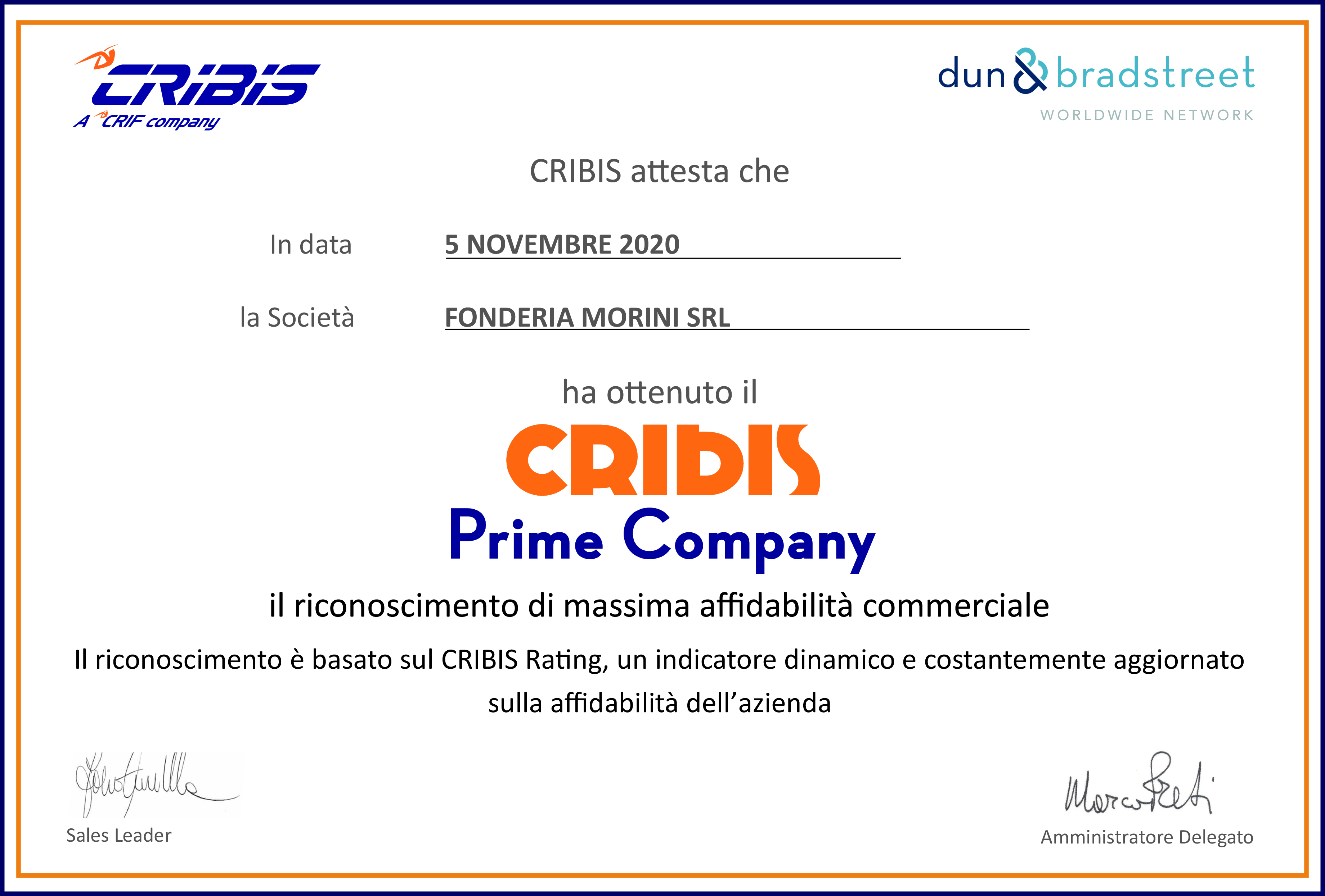 FONDERIA MORINI SRL Attestato CRIBIS Prime Company