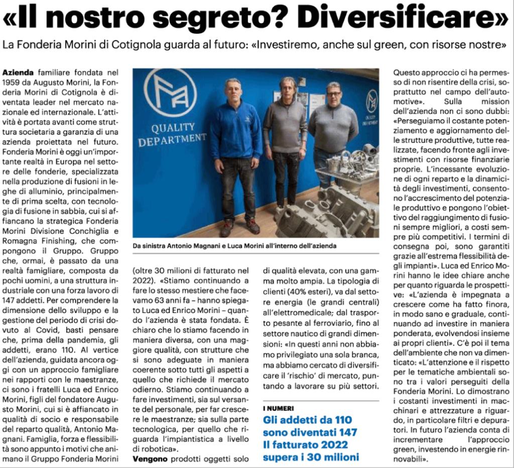 Fonderia Morini su Il resto del carlino 16 dicembre